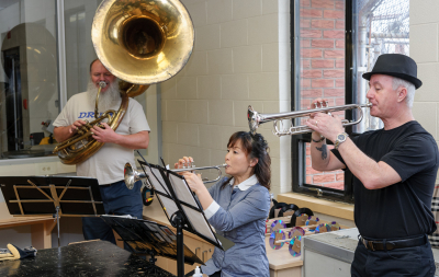 Keith, Soo and Doug at rehearsal, Optimists Alumni (Ventures' Show, Kitchener, 2018)
Photo by David Johns
Keywords: 2018