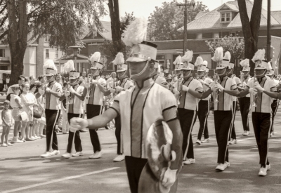 Bill Grigg on cymbals, Toronto Optimists in summer parade tops (Sarnia, 1964)
Photo by Don Daber
Keywords: 1964