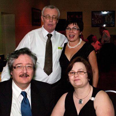 Brian Collingdon and Debbie Bruce with Jim and Heather Hyslop in front (Wearing of the Green, 2012)
Photo by David Johns
Keywords: 2012