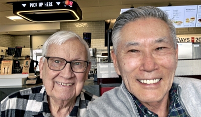 L-R: Bill Holloway and Jeff Shimotakahara who both marched with Midtowners and Optimists (2025)
Photographer: Jeff Shimotakahara
Keywords: 2025