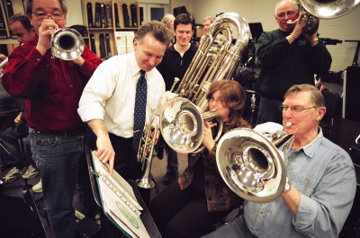 Rehearsing at St Mikes with Jamie (2007)
L-R: (part of Doug Roblin), Ron Chong, Jamie Oatt, Jason Filipchuk, Pat Buttigeig, Bill Kellas, Phil Hennings

Photo by Dave Johns
Keywords: 2007