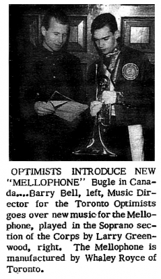 Barry Bell & Larry Greenwood with Optimists' first mellophone (March, 1964)
Photo by Don Daber
Keywords: 1964