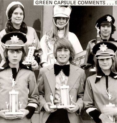 Optimists Cadets Awards (1975?)
Lynn Oram, Guard-of-the-Year; Lynda Baillie, Cadet-of-the-Year; Bob Moore, Section-of-the-Year; George Price, Drummer-of-the-Year; Victor Decloux, Bugler-of-the-Year and Pat Tunney, Rookie-of-the-Year 

From Green Capsule Comments
Keywords: 1975