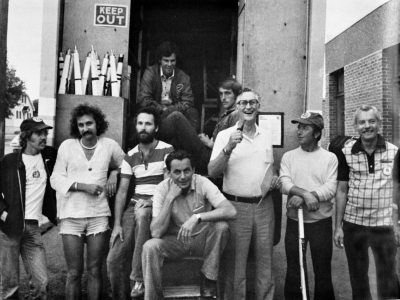 Seneca Optimists' Equipment Department and others (1976)
Back: Doug Coull, Tim Burrage
Front: Barry Woods, Gilles Paquin, Bob Carell, Colin Hedworth, Evert Botterweg, John Konstantinou, Chuck Sokoll

from the 1976 yearbook
Keywords: 1976