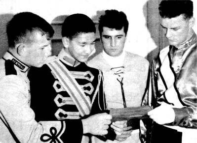 from the 1963 Individuals
L-R: Doug Gibb (Sarnia Sertomanaires); Ron Chong (Golden Monarchs); Ted Stec (Hamilton Conqueror); Ross Cation (Toronto Optimists)

From "Off The Line" magazine (Dec, 1963)
Keywords: 1963