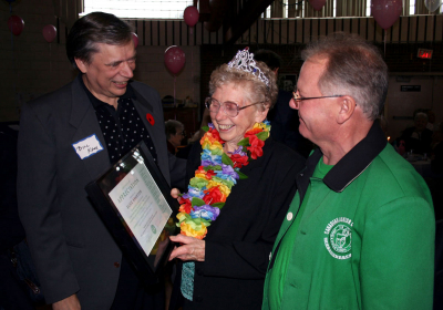 Bill Kane, Elsie Branton and George Wright at Elsie Branton's 80th Birthday
Presentation to Elsie Branton at her 80th birthday party

Photo by Pat Buttigieg
