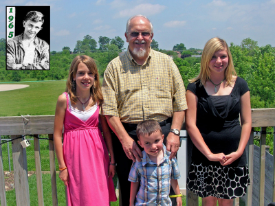 Keith Adams with grandchildren and neice (1965 photo inset)
Keith was in the Bantam corps in 1962 and 63. He joined the Toronto Optimist in 1964 and was there through 1966. He was in the colour guard, and his number was 62. Growing up I heard many memories of his drum corps days, it is something that he is very proud of, and remembers very fondly. (by Kim Adams)
Keywords: 1965