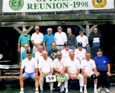 Optimists corps members from 1959 (at the 1998 reunion picnic)
Back row L to R: Mike Andrews (deceased), Len Perrin, Victor Glowacki, Phil Hennings, Al Morrison, Ed Nanni, Colin Hedworth
Middle row L to R: Al Miller, Ken Poole, Dennis DeCarli, Gord O'Halloran, Bob Brown
Front row L to R: Joe Gianna, Jim Patten, Barry Bell, Henry Beben, Warren Mills, Gary Corbett

Photo by Frans Rood
Keywords: 1998
