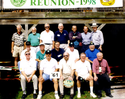 Optimists corps members from 1961 (at the 1998 reunion picnic)
Back row L to R: Ross Cation, Mike Andrews (deceased), Len Perrin, Mike Layton, Collin Hedworth, Vic Kruklis, Frans Rood
Middle row L to R: Mel Dey, Al Miller, Dave Johns, Bob Brown, Gary Corbett
Front row L to R: Phil Hennings, Joe Gianna, Barry Bell, Warren Mills, Don Daber

Photo by Frans Rood
Keywords: 1998 1961