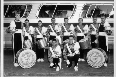 Optimists drumline (Rome, NY, 1962) It was our first time in new uniforms (and just before beating Blessed Sacrament)
Photo by Don Daber and submitted by Frans Rood

Left to Right
Frans Rood, Ron Kaiser, Ronn Prokop, Vic Kruklis, Orest Burak, Mark Wicken, Colin Hedworth, Dave Johns. 
Tom Bedford & Glenn Copp are on Cymbals
Keywords: 1962