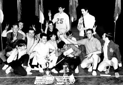 Toronto Optimists circuit guard after winning their second straight National Championship (1969)
Submitted by Ric Brown

Left - Right
Ric Brown, John O'Leary, Steve & Rick Cooper, Bernie Roelcke, Steve Jarvis, a couple of Gilberts (?) and the kid with the braces in the front behind the trophy on the left is Greg Oxenham.
Keywords: 1969