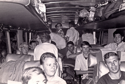 On the Bus L-R: George Wright, Rick Tracey, Brian Byrne ?, Art Tamaki, George Tamaki, Rick Shearer, Alan Acron (1967)
George Wright, Rick Tracey, ?, George Tamaki, Art Tamaki, Rick Shearer, Alan Acron
Photo by Don Daber
Keywords: 1967