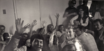 A bunch of the guys celebrating after winning prelims (1968)
Back row: Mike Tierney, Larry Blandford, Ted Wilson, Tim Roussel, John McDonald, Bob Christie
Front: John Rood, Ron Chong, Calvin Johansson, ?, ? Jim Taylor

Photo, perhaps, by Don Daber
Keywords: 1968