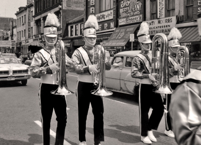 Clayton Keat, Bill "Lumpy" Andrews, Doug Sparks (?), ? on Yonge St.,  Toronto Optimists (1965)
Photo by Don Daber
Keywords: 1965