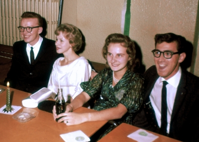 Jim and (now) Helen Patten, ? and Ed Nanni (Victory Banquet, 1960)
Photo by Don Daber
Keywords: 1960