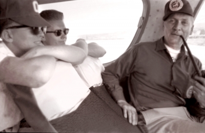 L to R: Jim Patten, Warren Mills, Mr. Al Baggs, Corps Director, on the bus (Falconer, 1960)
Photo by Don Daber
Keywords: 1960