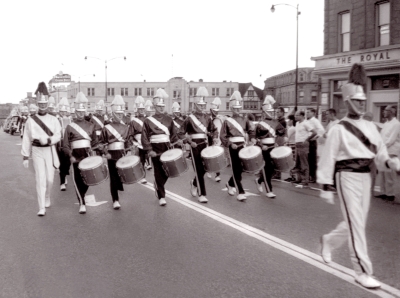 Drum Majors Phil Hennings, on left and Barry Bell in front, Toronto Optimists (Guelph, 1960)
Photo by Don Daber
Keywords: 1960
