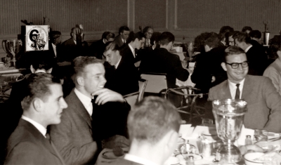 Peter Burton, Mark Wicken, John Diamond, Bob Carell, Al Peczeniuk, Optimists corps members (Corps Banquet, 1963)
Photo by Don Daber
Keywords: 1963
