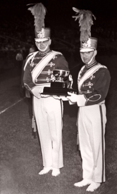 Drum Majors of Royalaires with Nationals' Trophy (Nationals, Varsity Stadium, 1964)
Photo by Don Daber
Keywords: 1964