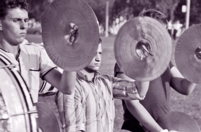 Toronto Optimists Cymbals: David Collins, Vince Ferraro and Rick Shearer hiding behind Vince's cymbal (practice, 1965)
Photo by Don Daber
Keywords: 1965