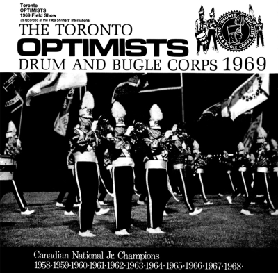 Toronto Optimists record album cover (recorded at Shriners Contest, 1969)
L-R Mellophones: Bob Burman, Brian Byrne, Rick Shearer

Photo by Vince Ferraro, 
Artwork by Don Daber
Keywords: 1969