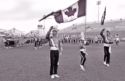 L-R: Bernie Roelcke, Rob Trimble and Brian Hogan, Toronto Optimists (Shriners' contest or Dress Rehearsal, CNE, 1970)
Photo by Don Daber
Keywords: 1970