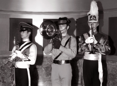 Marc Chartier, LaSalle Cadets; ?, 27th Lancers; and Dwight Angus, Toronto Optimists (Promo for Shriners contest, 1970)
Photo by Don Daber
Keywords: 1970