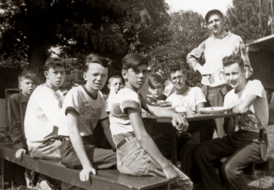 Clockwise from bottom right: Larry Cheevers, Jim Patten, Ben Woodley, Richard Duffy, Barney Sharpe, Merv Parker, Ed Nanni, Paul Stephens and Skip (Bud) Parker, standing (18th Scout Troop Band members, 1953)
Submitted by Jim Patten
Keywords: 1953