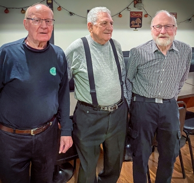 Lorne Ferrazzutti (Optimists' first drum instructor), Rolly Formica (brass instructor for Opti-Corps) and Barry Bell (Optimists first horn instructor) (Western Tech get-together, 2022)
Photo by Vern Reid
Keywords: 2022