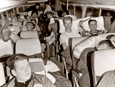 Life on the bus (about 1963)
Left: Front, Gary Corbett; 4 rows back: Jeff Shimo; perhaps Glen Durish at back; 

Right: 3rd row, John Shearer; 4th row by window, Al Pezniak

Photo by Don Daber
Keywords: 1963