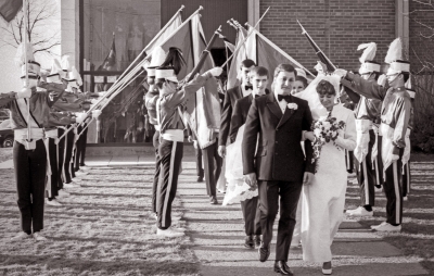 Vern, his wife, Jennifer, and Optimists Honour Guard (Vern Johansson's wedding, April 11, 1970)
Photo by Don Daber
Keywords: 1970